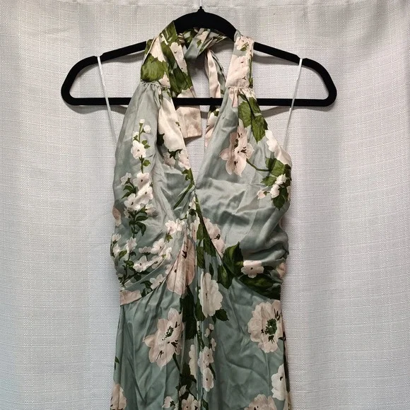 Reformation Women's 2 Veria Silk Tarragon Green Floral Maxi Halter Dress  NWT